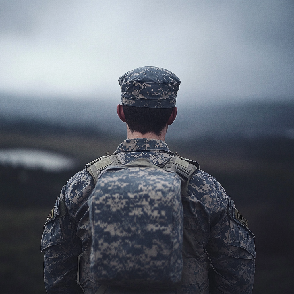 a person in military fatigues with their back to the viewer