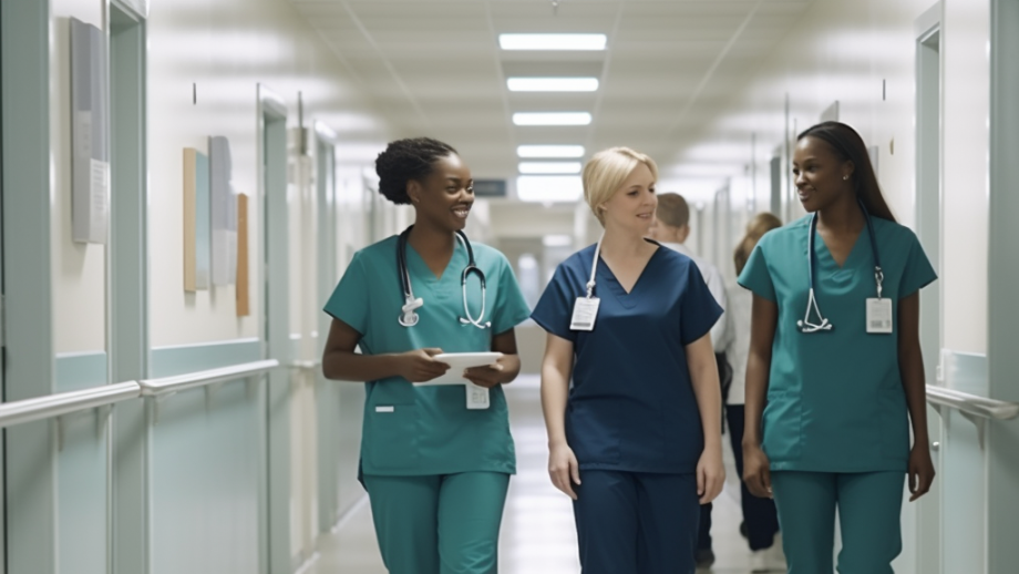 Three healthcare professionals walking on the hallway