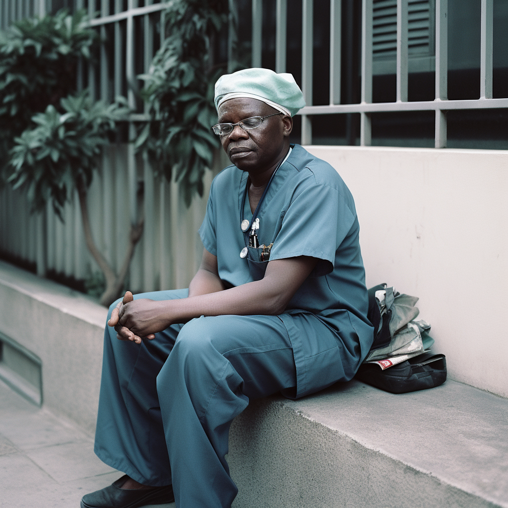 A surgeon sitting with eyes closed outside